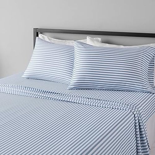 Amazon Basics Lightweight Super Soft Easy Care Microfiber 4 Piece Bed Sheet Set With 14-inch Deep Pockets - Queen, Dusty Blue Pinstripe,Printed