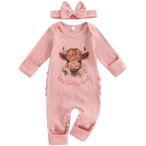 Western Baby Girl Clothes Newborn Highland Cow Print Long Sleeve Romper Jumpsuit Headband Set Coming Home Outfit