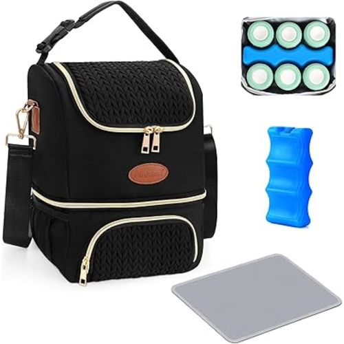 PIIOSER Breastmilk Cooler Bag with Ice Pack, Double Deck Insulated Baby Bottle Travel Bags with Shoulder Strap, Wearable Breast Pump Carry Bag for Nursing Moms Daycare, Work, Picnic(Black)