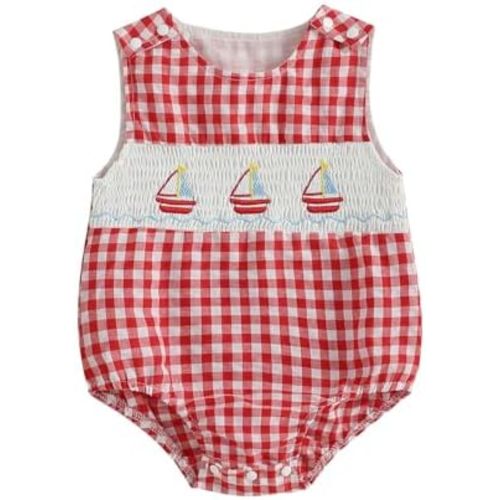 Baby Girl Boy Summer Clothes Sailing Boat Embroidery Gingham Sleeveless Romper Bodysuit Outfit 0 3 6 9 12 18 Months