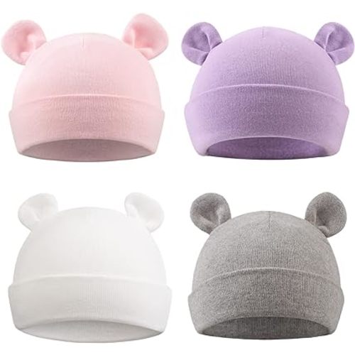 PEECABE Bonnets d'hôpital en coton pour nouveau-né 0-6 mois - Garçon et fille - Bonnet d'ours avec oreilles