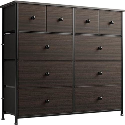 REAHOME Dresser for Bedroom with 10 Drawers, Wide Black Dresser with Wood Top, Fabric Storage Tower, Sturdy Steel Frame Storage Organizer for Living Room, Hallway, Entryway, Closets, Rustic Brown