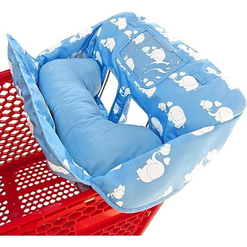 Soft Pillow Attached 2-in-1 Shopping Cart and High Chair Cover for Baby, Cotton Padded Cart Cover, Fold'n Roll Style, Portable with Carry Bag (Blue Elephant)