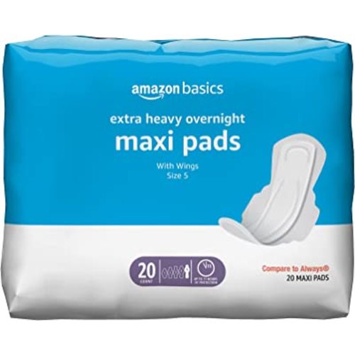 Amazon Basics Thick Maxi Pads with Wings for Periods - Extra Heavy Overnight Absorbency, Unscented, Size 5, 20 Count (Previously Solimo)