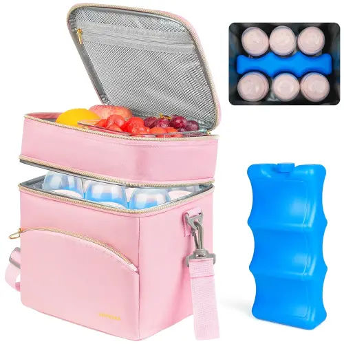 Breastmilk Cooler Bag with Ice Pack, Insulated Baby Bottle Tote Bags Fits 6 Baby Bottles Up to 9 Ounce, Double Layer Breastmilk Case