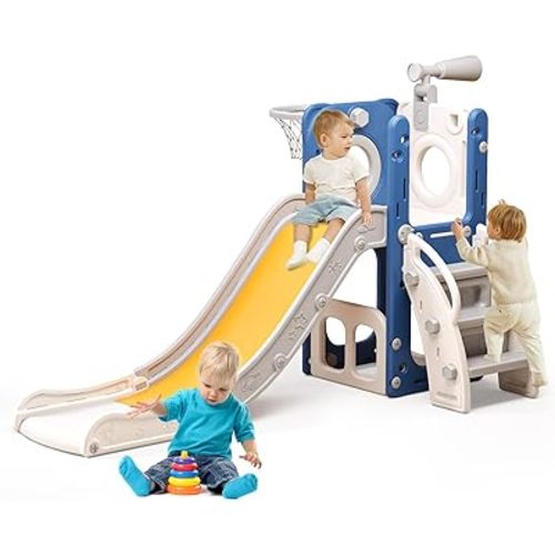 6 in 1 Toddler Slide,Kids Slide Playset for Toddler,Indoor Outdoor Slide Toddler Playset with Ball & Hoop, Storage Space and Non-Slip Steps,Gift for Boys and Girls 1-3 Years