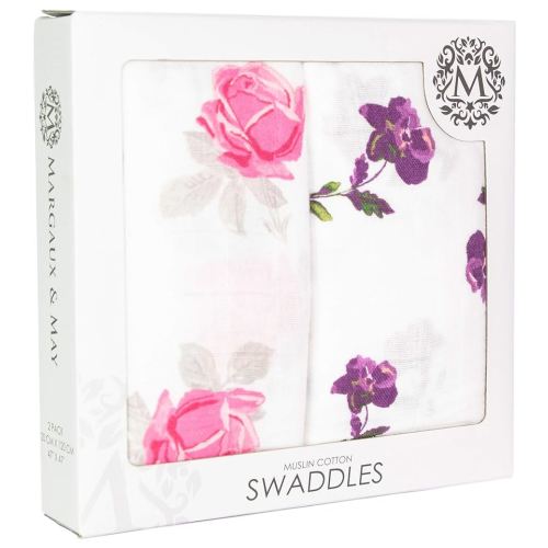Margaux & May Muslin Swaddle Blankets 2 Pack - Large 47x47 Inches, Breathable Baby Blankets, Pink Purple Flowers - Newborn Essentials Must Haves