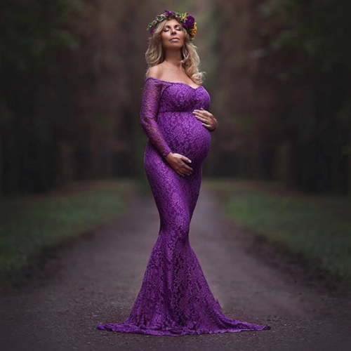 Azrian Casual Womens Maternity Dresses Ladies Fashion Sexy Mesh Lace Long Sleeve Photography Mopping Long Dress,Maternity/Purple 3Xl