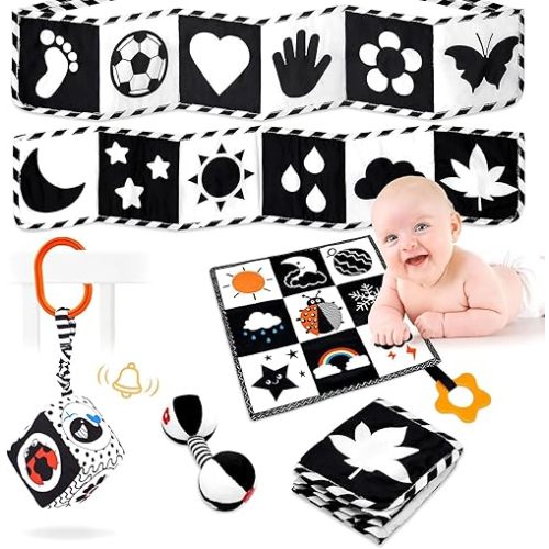 Black & White High Contrast Baby Toys - Montessori Sensory Toys for Newborns 0-6 Months: Tummy Time & Soft Book for Boys & Girls