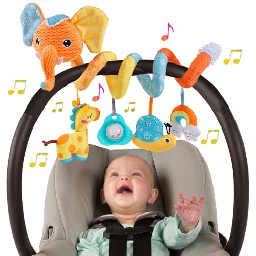 Car Seat Toys for Baby, Spiral Activity Stroller Toy for Infants 0-6 Months, Hanging Baby Toys Crib for Newborn 0 3 6 12 Months Developmental Toy with Music Box Rattle Squeaker- Orange Elephant