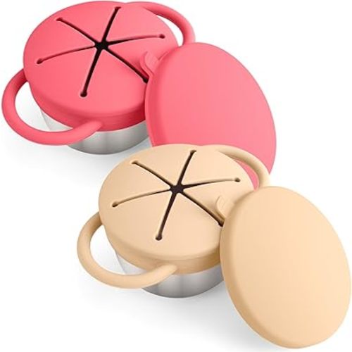2-Pack Stainless Steel Snack Containers for Kids with Spill-Proof Silicone Lids & Handles - 3-in-1 Baby Snack Cups, No-Spill Toddler Snack Box, Perfect for On-the-Go Healthy Eating(Yellow+Red)