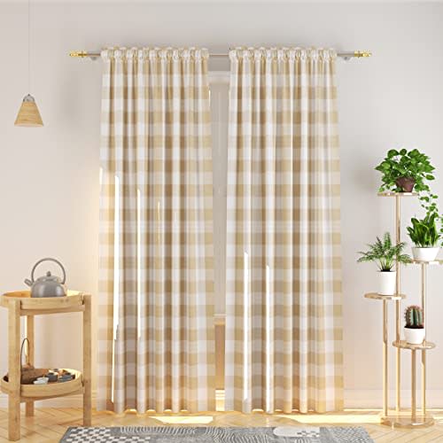 Beige and White Buffalo Gingham Check Curtain 95 inches Long Living Room Drapes Plaid Checker Kitchen Bedroom Window Treatment Set 2 Panels Rod Pocket beige check under sunlight may show like yellow