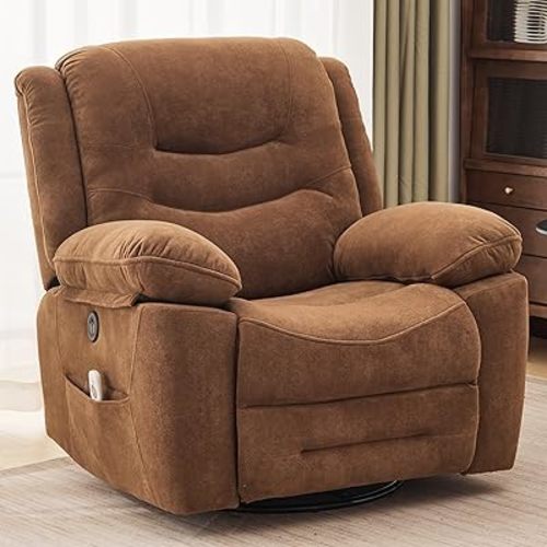 Large Power Swivel Rocker Recliner with Massage and Heat, USB Port, Infinite Position, Overstuffed Electric Glider Rocking Chairs Living Room, Soft Fabric Reclining Sofa Chair(Retro Brown)