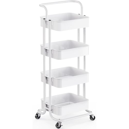 Pipishell 4 Tier Mesh Utility Cart, Rolling Metal Organization Cart with Handle and Lockable Wheels, Multifunctional Storage Shelves for Kitchen Living Room Office White, PIUC12W