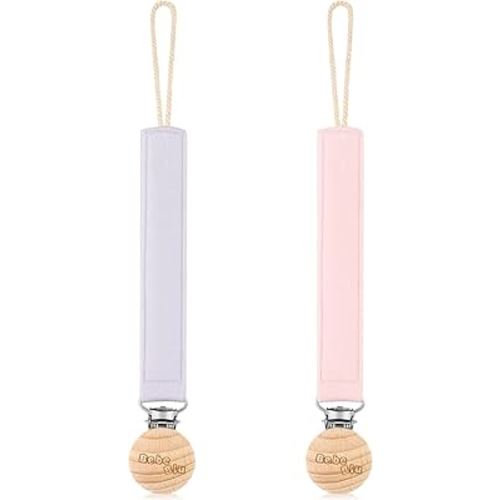 Baby Pacifier Clip, 2 Pack Fabric Pacifier Clips, Super Soft Fabric Strap with Wooden Clip, Pacifier Clips for Baby Girl & Boy (Pale Mauve/Blush)