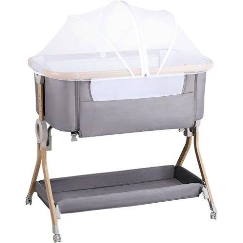 Larex Baby Bassinet Bedside Sleeper Crib Co Sleeper for Newborn Infant Toddler with Mosquito Net, Storage Bag & Basket, 5-Height Adjustable, Movable Wheels, Breathable Mattress & Mesh (Elephant Gray)