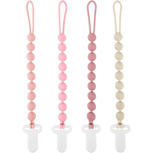 MINMUNJIU Pacifier Clips Baby Girl, 4 Pack One Piece Flexible Soft Binky Clips Silicone Pacifier Holder Clip for Girls, Baby Girl Newborn Essentials