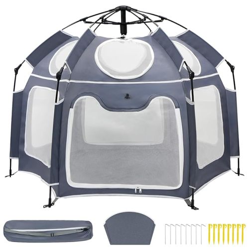 Baby Playpen with UV Canopy, Portable 1-Click Set Up Baby Tent, Toddler Play Yard for Indoor, Outdoor, Foldable Playpen for Beach, Camping, Home, Lightweight Versatile Kids Tent, with Travel Bag