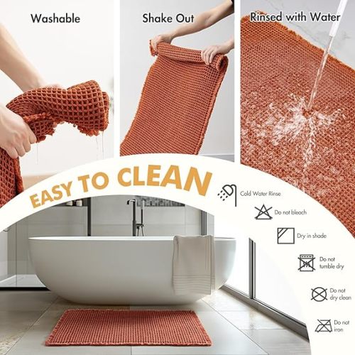 MIULEE Fall Orange Set of 2 Waffle Bathroom Rugs, Boho Bath Rugs Non Slip Washable, Super Absorbent Bath Mats, Ultra Soft Rubber Backed Shower Mats for Bathroom Floor, Tub and Shower, 18x30 Inch