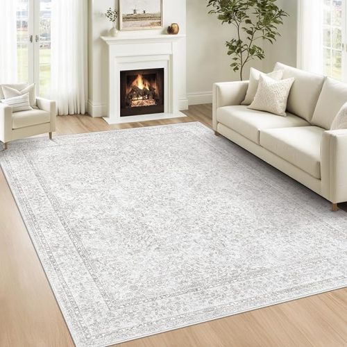 6x9 Area Rugs for Living Room: Washable Vintage Floral Rug Low Pile Non-Slip Boho Carpet for Nursery Bedroom Dining Room (Floral Grey, 6'x9')