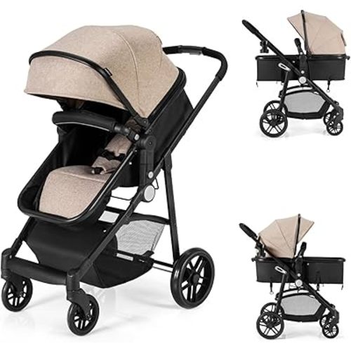 HONEY JOY Baby Stroller, High Landscape Convertible Infant Bassinet Stroller, Adjustable Canopy & Backrest, Storage Basket, Cup Holder, Foldable Newborn Carriage Pram Stroller (Coffee)