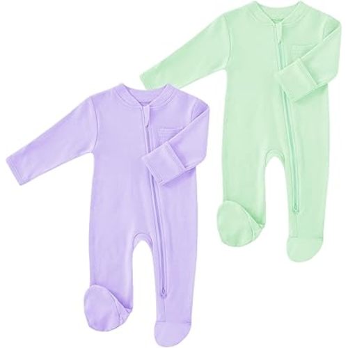Baby 2 Way Zipper Girls Boys 100% Cotton Footed Sleep and Play with Mitten Cuffs 0-12 Months