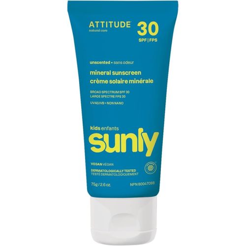 ATTITUDE Mineral Sunscreen for Baby and Kids, EWG Verified, Broad Spectrum UVA/UVB, Dermatologically Tested, Plant and Mineral-Based Formula, Vegan, SPF 30, Unscented, 2.6 Oz
