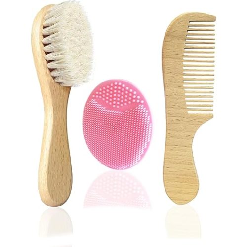 3PCS Baby Hair Brush with Wooden Handle and Comb Set for Newborns & Toddlers | Natural Soft Goat Bristles l Wood Comb l Pink Silicone Brush| Ideal for Cradle Cap