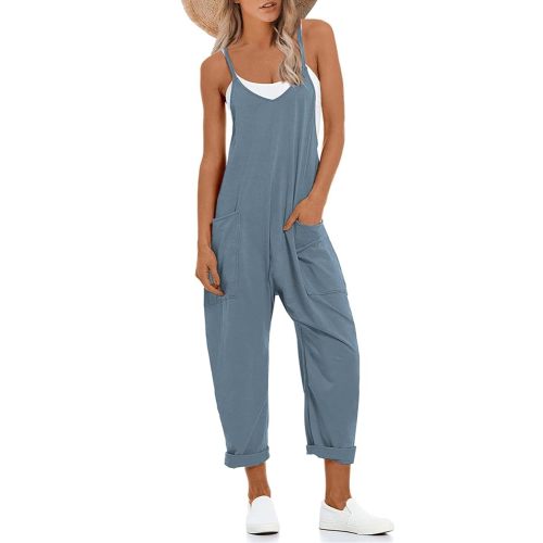 Lentta Women's Causal Jumpsuits V Neck Sleeveless Harem Overalls Stretchy Adjustable Strap Romper with Pockets