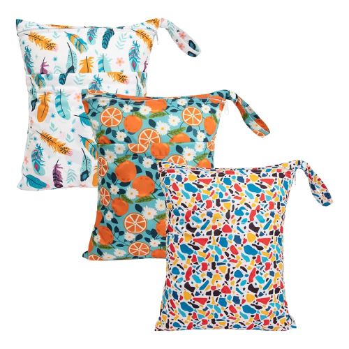 babygoal Wet Dry Bags for Baby Cloth Diapers, Washable Travel Bags, Beach, Pool, Gym Bag for Swimsuits & Wet Clothes with Two Zippered Pockets 3 Pack, 3LN21