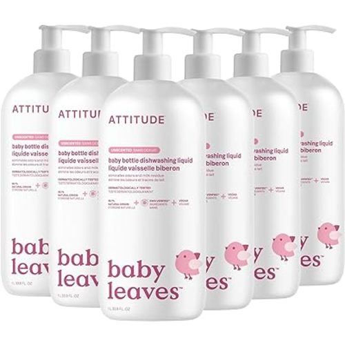 ATTITUDE Baby Dish Soap and Bottle Cleaner, EWG Verified Dishwashing Liquid, No Added Dyes or Fragrances, Tough on Milk Residue and Grease, Vegan, Unscented, 33.8 Fl Oz (Pack of 6)