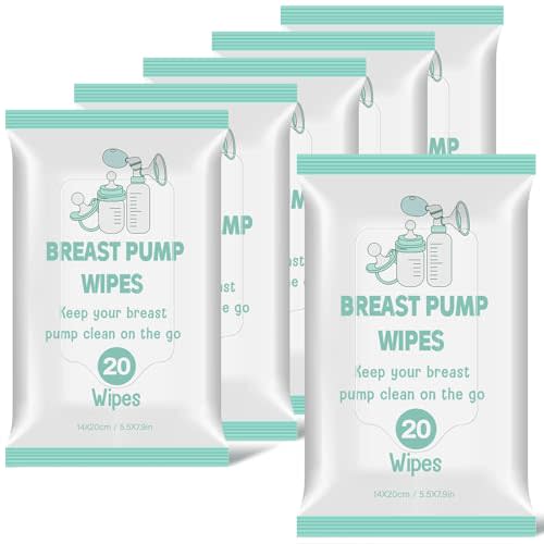 Threlaco 6 Pack 120 Count Breast Pump Wipes Quick Clean and Irritant Free Resealable Convenient Breast Pump Cleaning Wipes Hygienic Breastfeeding Supplies(Green)