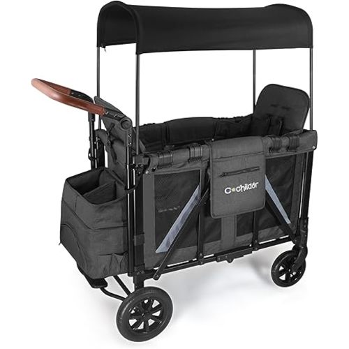 Elite 2S 2-Seater Wagon Stroller for Kids – One-Hand Fold Design, High Seats with 5-Point Harness, Adjustable Handlebar, Removable Canopy & Compact Storage, Dark Grey