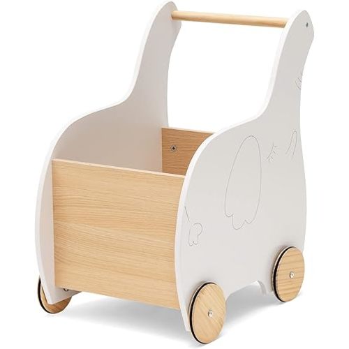 HONEY JOY Baby Push Walker, Wooden Baby Learning Walking Toy with Wheels, Elephant Shape Toddler Shopping Cart w/Large Storage Chest, Baby Walker Push Toys for Boys and Girls, Natural