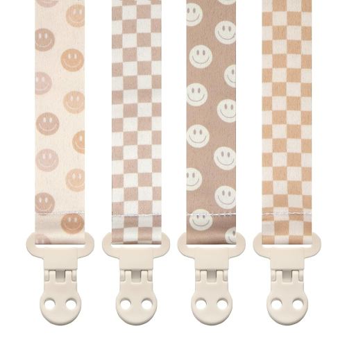 Baby Pacifier Clip Holder - Girl or Boy Unisex 4 Pack Gift Set - Retro Checker and Smiley Faces Design