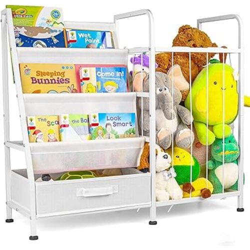 Kids’ Bookshelf & Stuffed Animal Storage – Large White 3-Tier Book Display Rack with Sling Shelves & Fabric Toy Chest | Toy Organizer for Playrooms, Bedrooms, Nurseries