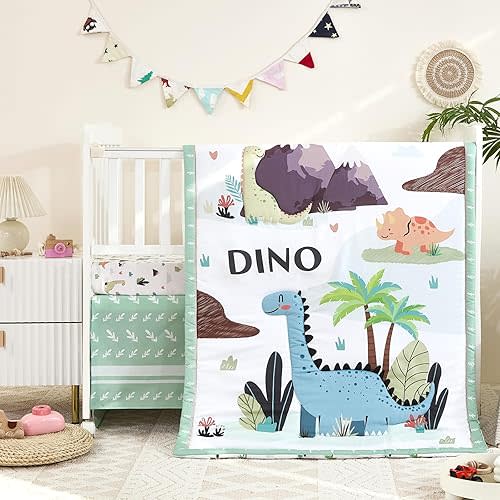 3-Piece Crib Sets for Boys - Ultra Soft Baby Boy Crib Bedding Set Includes Crib Comforter, Sheet & Skirt (Dinosaur)