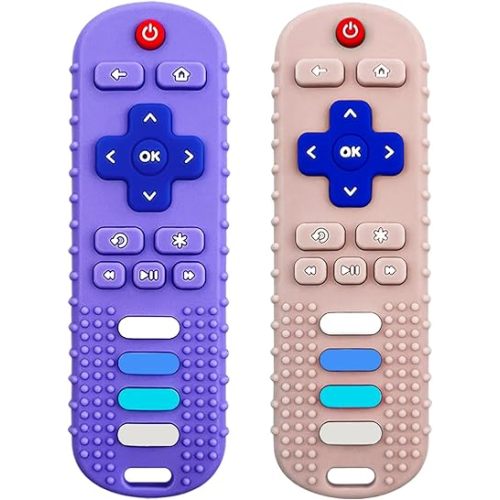 Baby Teething Toys, Food Grade Silicone Teether for Babies 3 6 12 18 Months, TV Remote Shape Toddlers Chew Toys, Freezer BPA Free (Purple+Khaki)