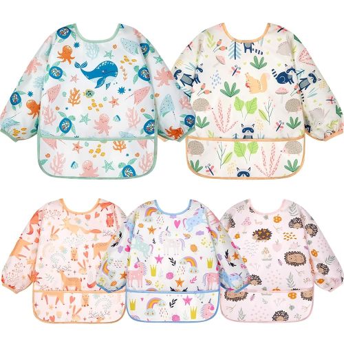 Lictin Long Sleeve Bibs 5 Pack - Baby Bibs, Waterproof Toddler Bibs, Baby Smock for Eating, Baby Bibs for Feeding Teething