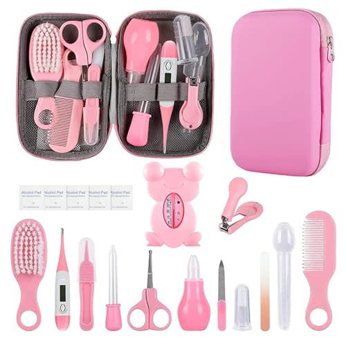 Baby Grooming Kit, Infant Safety Care Set with Hair Brush Comb Nail Clipper Nasal Aspirator,Baby Essentials Kit for Newborn Girls Boys (Pink Baby Grooming kit)