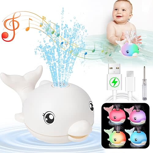 Bath Toys, Light Up Dolphin Baby Bath Toys for Babies 6-12 12-18 Months, Rechargeable Sprinkler Musical Toys, Easter Basket Stuffers Bathtub Toys for Toddlers 1-3 2-4 Boys Girls Infant Kids- White