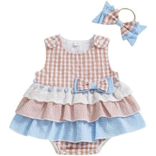 Newborn Infant Baby Girl Clothes Sleeveless Plaid Romper Dress Bow Layer Tutu Dresses Bow Headband Summer Bodysuit