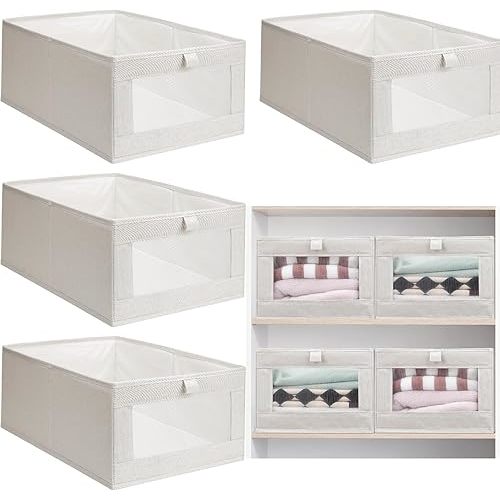 Kigley 8 Pcs Linen Closet Organizers and Storage Foldable Clothing Bins Large Foldable Box with Window Storage Baskets for Closet Shelf Clothes Jeans Toys Organization, Beige