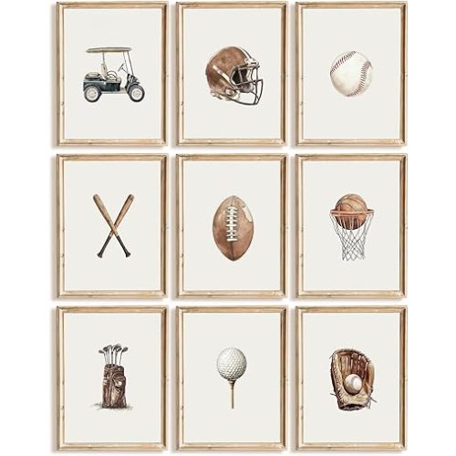 Vintage Sports Nursery Wall Art Decor Toddler Boys Room Canvas Pictures Sports Ball Wall Decor Football Baseball Prints Basketball Golf Artwork Kids Playroom Poster for Bedroom 8x10x9 Inch Unframed