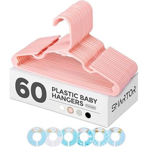 Smartor Pink Plastic Baby Hangers 60 Pack, Durable Kids Hangers with Dividers, Space Saving Baby Clothes Hangers for Closet, Cute Baby Hangers for Nursery, Clothing Hangers for Infant, Baby, Kids