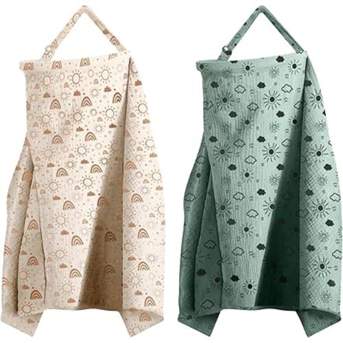 MEXXI Muslin Nursing Covers for Breastfeeding, 2 Pack Breastfeeding Cover with Arch Neckline,100% Cotton Breathable Privacy Nursing Apron 43 * 30 Inch (Beige+Green)