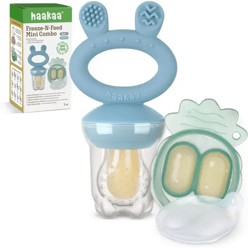 Haakaa Baby Fruit Food Feeder & Mini Freezer Nibble Tray Combo, Breastmilk Popsicle Molds for Baby Cooling Relief, BPA Free Silicone Feeder for Safe Infant Self Feeding, 4 Month+ (Sky Blue)