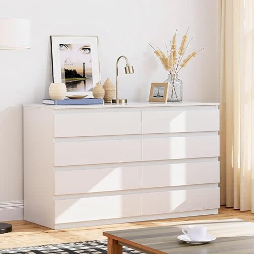 8-Drawer White Dresser, 55" Wide Wooden Dresser, Spacious Wooden Chest for Clothes Storage, Multi-Functional Modern Storage Dressers for Bedroom, Living Room & Entryway