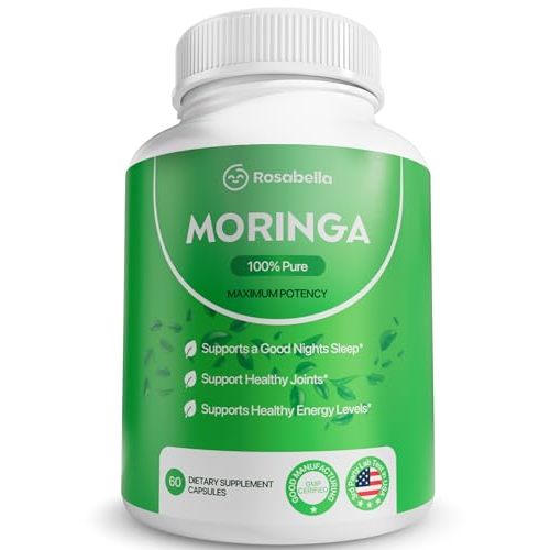 Rosabella Moringa Capsules - Pure Moringa Powder, Energy, Skin, Immune & Gut Health Superfood, Rich in Antioxidants, Essential Vitamins & Amino Acids, Natural Green Superfood Supplement - 60 Count