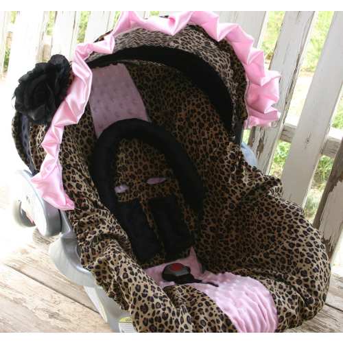 leopard black minky hood baby pink ruffle flower leopard baby pink car seat cover head headrest strap covers handle cushion